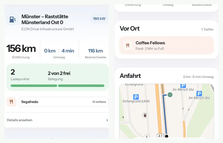 ChargeBreak-Ergebnisansichten mit Ladepark, freien Ladepunkten, Gastronomie und Anfahrtskarte