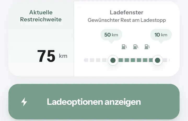 ChargeBreak-App mit aktueller Reichweite, Ladefenster und Schaltfläche Ladeoptionen anzeigen