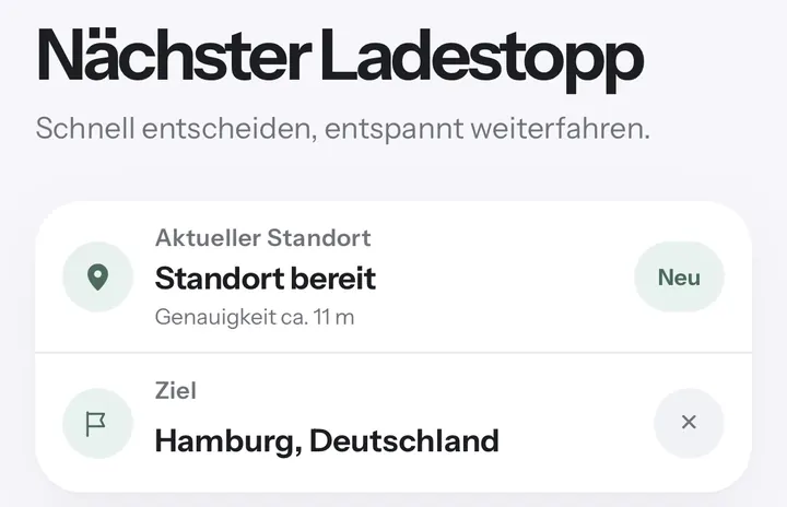 ChargeBreak-App mit aktuellem Standort und eingegebenem Ziel Hamburg