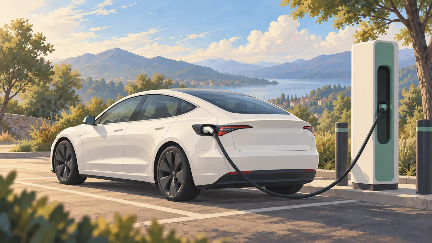 Illustration eines weißen Elektroautos an einer Schnellladesäule mit Ladekabel vor See und Berglandschaft