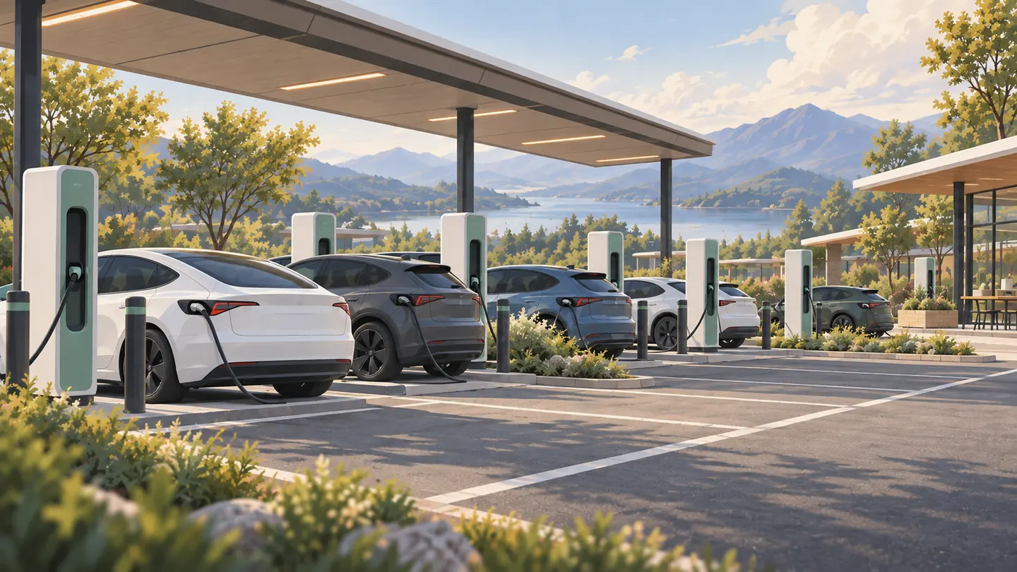 Illustration eines teilweise belegten Schnellladeparks mit mehreren Elektroautos und Ladesäulen vor einem Bergsee