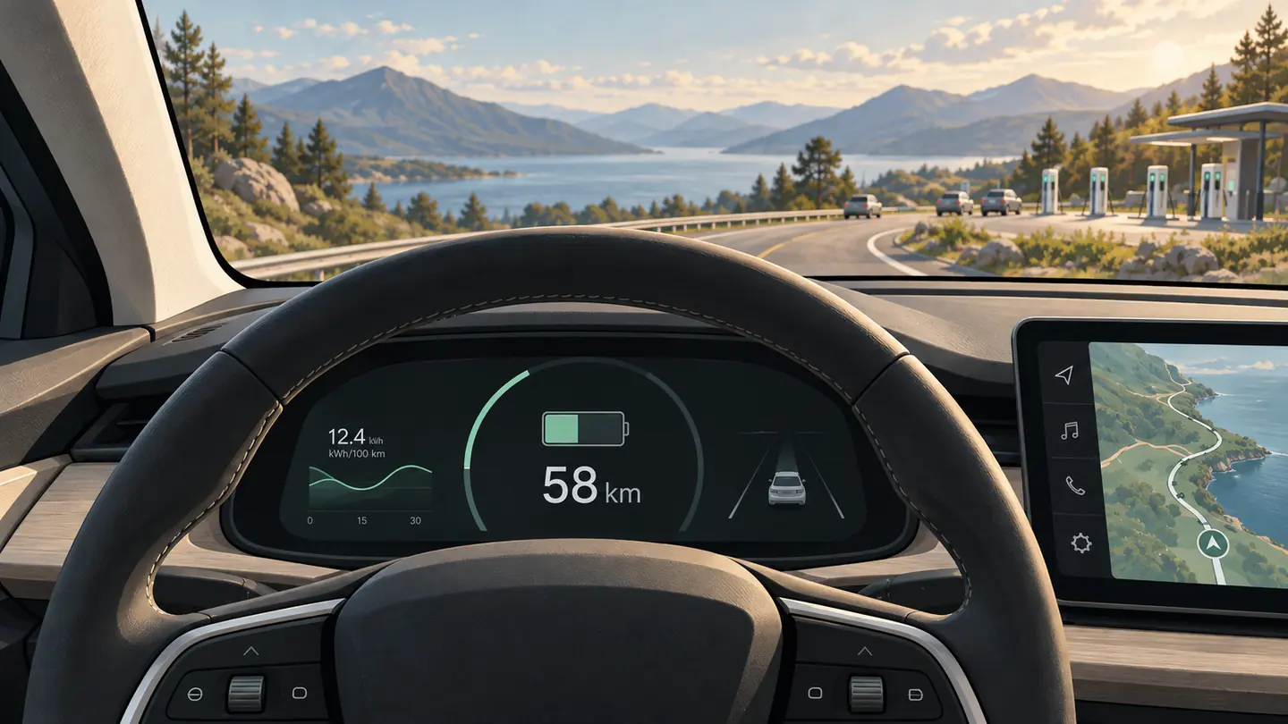 Illustration eines Elektroauto-Cockpits mit 58 Kilometern Restreichweite und Schnellladepark vor einer Berg- und Seenlandschaft