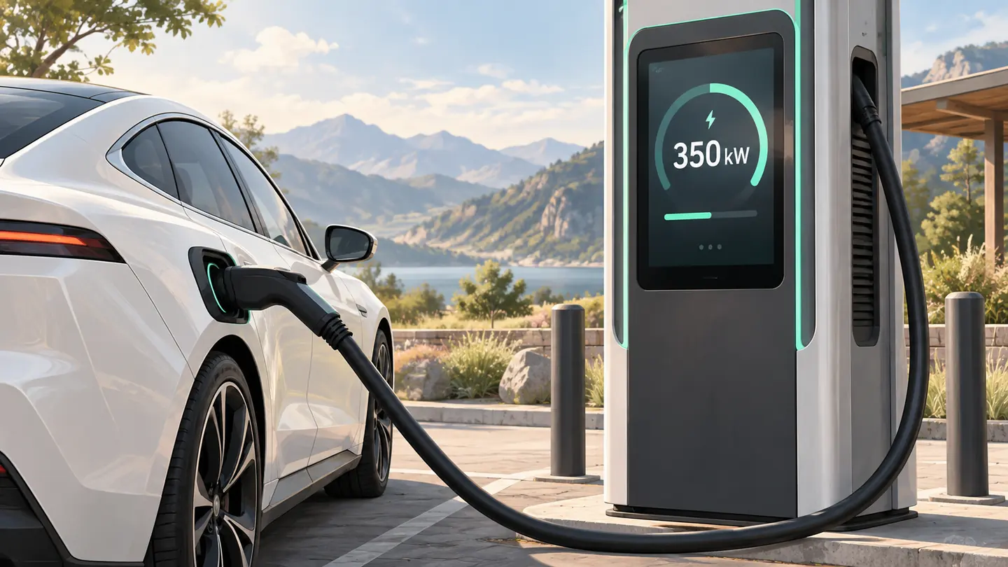 Illustration eines weißen Elektroautos beim Schnellladen an einer Ladesäule mit 350-kW-Anzeige vor einer Berglandschaft